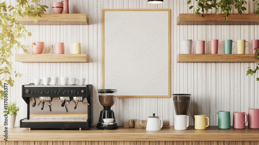 A chic coffee shop with a blank poster frame, a stylish coffee machine beneath it, and wooden shelves filled with colorful cups and decor A chic coffee shop with a blank poster frame, a stylish coffee machine beneath it, and wooden shelves filled with colorful cups and decor