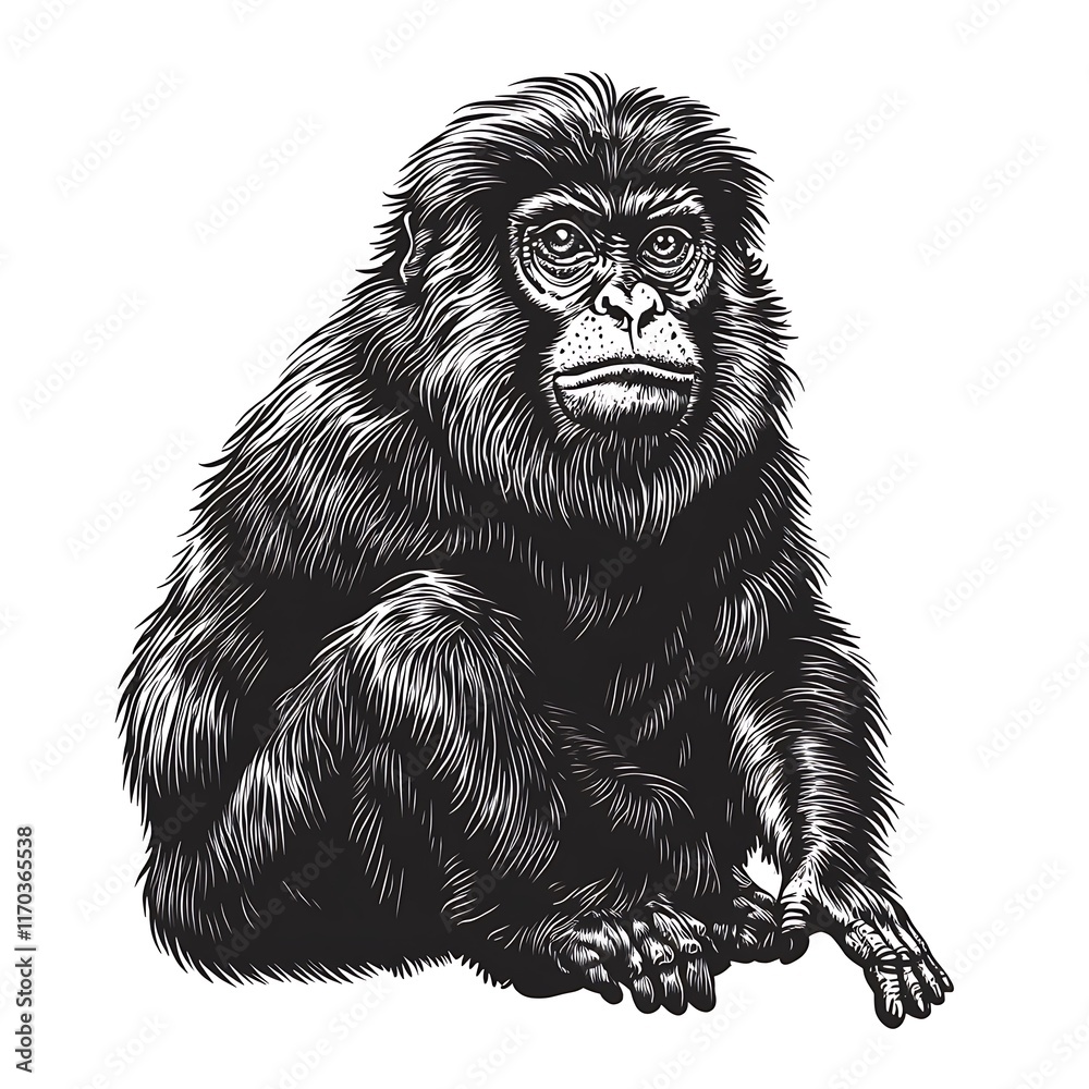 Fototapeta premium Sitting monkey with black, fur and detailed hatching.