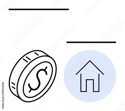 Single coin with dollar sign next to house symbol in blue circle. Ideal for real estate, home loans, savings, investments, financial planning, mortgage concepts, abstract line flat metaphor