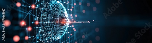 A close-up of a glowing network icon being targeted by a hacker's cursor, representing network infiltration. The design includes significant copy space for text or imagery.
