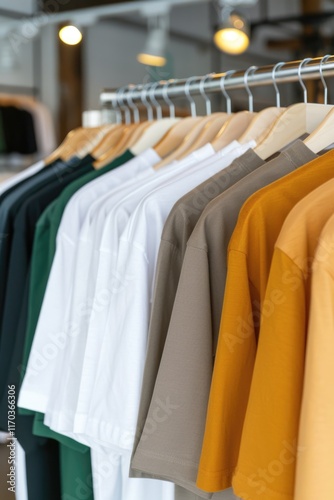 Colorful t-shirts on wooden hangers in a modern clothing store display for fashion and retail design