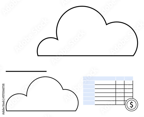 Cloud shapes with a spreadsheet and currency symbol. Ideal for cloud computing, financial management, data storage, online savings, digital economy, technology solutions, finance. Line metaphor