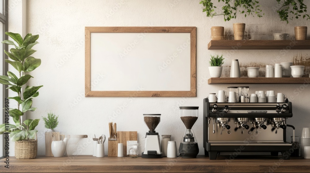 A cozy coffee shop wall with a blank wooden frame, a professional coffee machine, and simple wooden shelves adorned with ceramics A cozy coffee shop wall with a blank wooden frame, a professional coffee machine, and simple wooden shelves adorned with ceramics