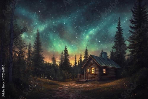 warm wooden cabin under northern lights photo