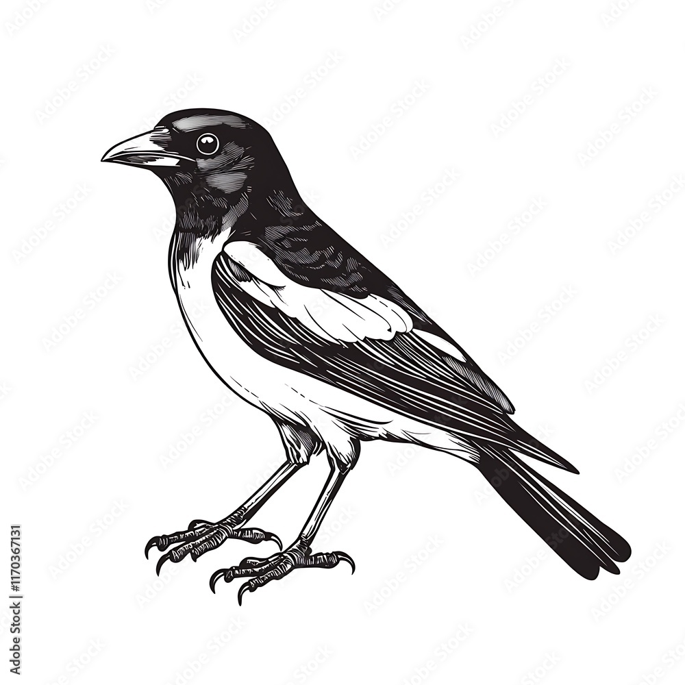 Obraz premium Magpie bird illustration, black and white sketch.