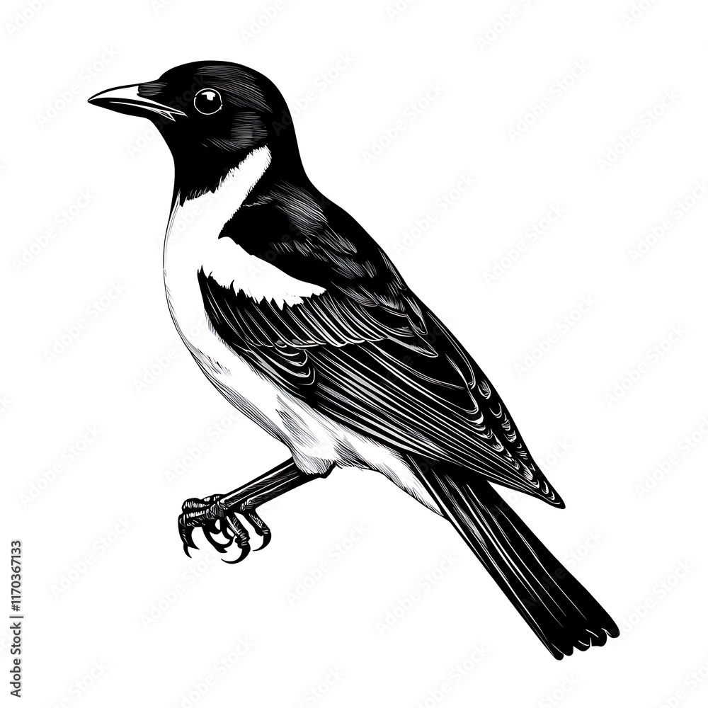 Illustration of a bird with black and white plumage, showcasing detail. Illustration of a bird with black and white plumage, showcasing detail.