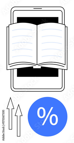 Tablet displaying open book, blue percentage symbol, and upward arrows convey concept of growing e-book market, online education, interest rates, digital literature, investment, economic rise. Ideal
