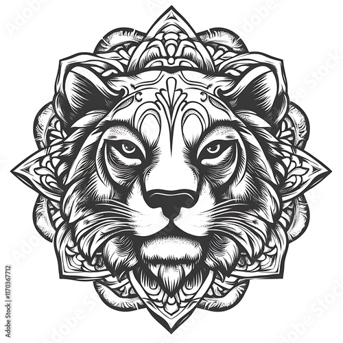 Detailed lion face in symmetrical mandala. photo