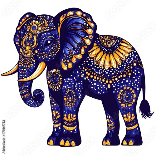 Intricate, patterned elephant illustration on white background. photo