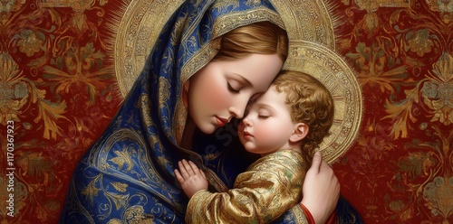 A tender depiction of the Virgin Mary embracing the Christ Child, radiating love.