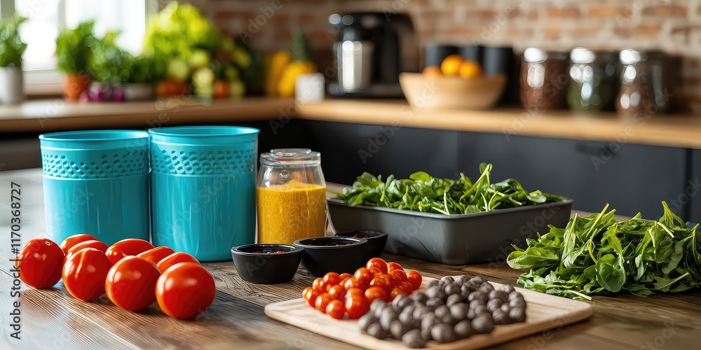 Fitness equipment paired with a meal prep scene for a healthy lifestyle. Fitness equipment paired with a meal prep scene for a healthy lifestyle.