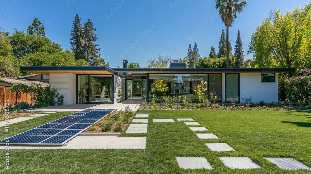 custom made wallpaper toronto digitalA minimalist home with solar panels and a heat pump unit, surrounded by a well-manicured lawn and eco-friendly landscaping