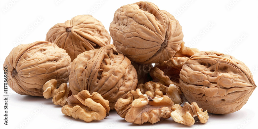 A group of whole walnuts and walnut kernels on a white background. A group of whole walnuts and walnut kernels on a white background.