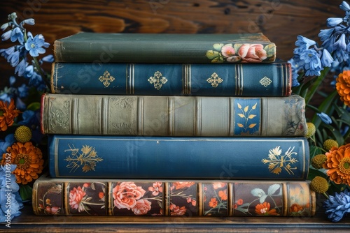 A stack of vintage books with a floral pattern on wooden background. Selective focus.