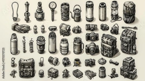 Flat lay of various camping and travel equipment.