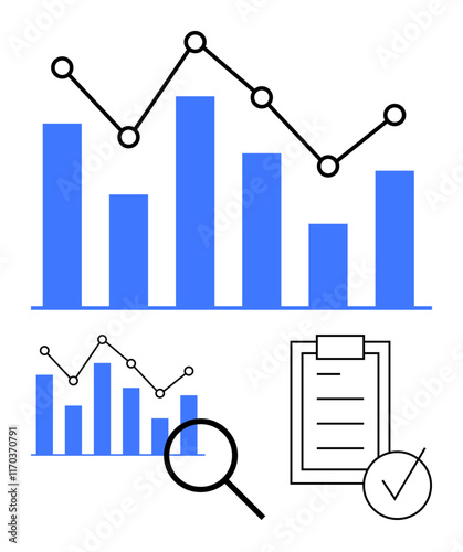 Bar graphs, line charts, magnifying glass, and checklist. Ideal for data analysis, reports, business planning, research, statistics review goal tracking abstract line flat metaphor