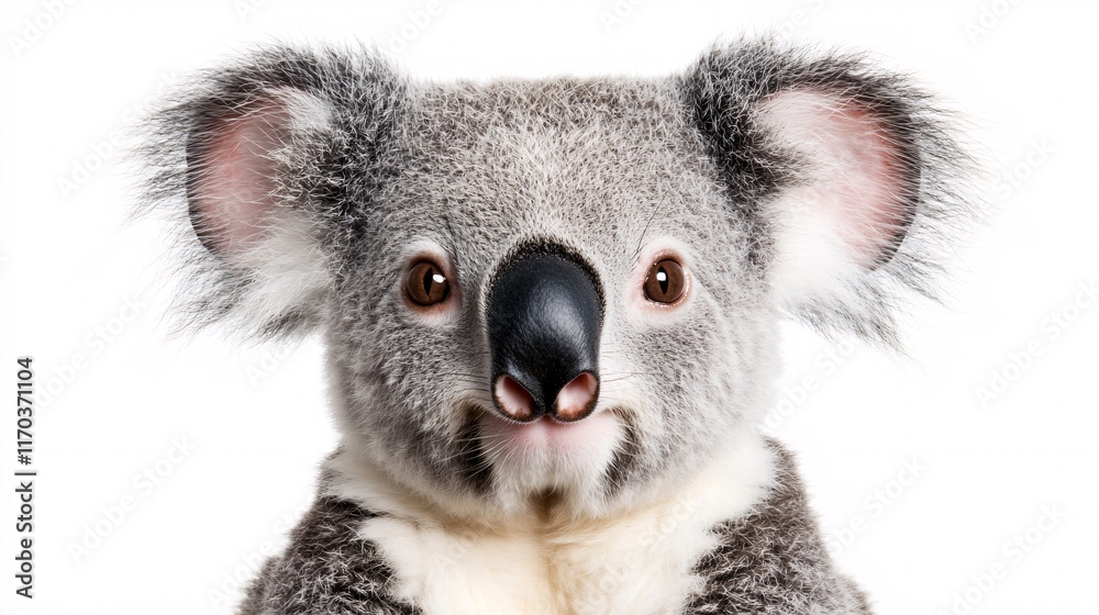 Fototapeta premium A close-up portrait of a cute koala showcasing its distinctive features and fuzzy gray fur against a white background.