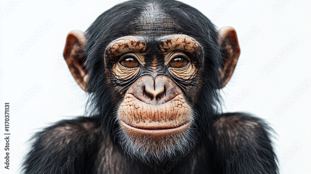 Naklejka premium Close-up of a realistic, expressive young chimpanzee against a plain background.
