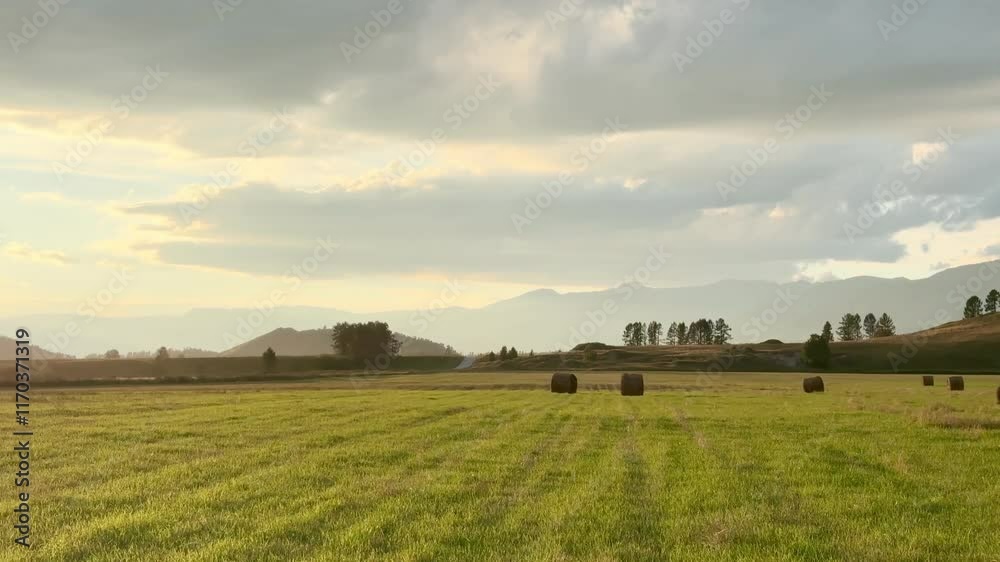 sunset scenic view of a mountain freshly mown field a meadow of grass with rolls of hay in the golden hour in the evening
