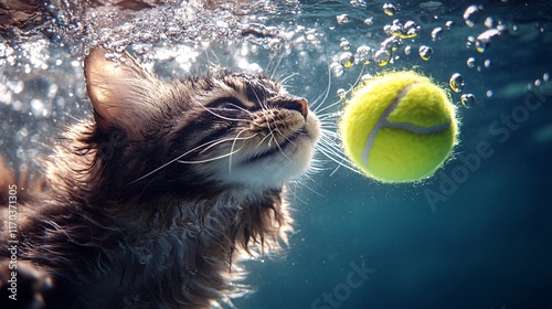 LaPerm cat underwater, reaching for a yellow tennis ball, bubbles adding dynamic energy. photo