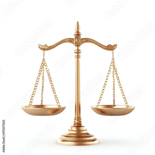 Golden balance scale symbolizing justice and fairness on white isolate background
