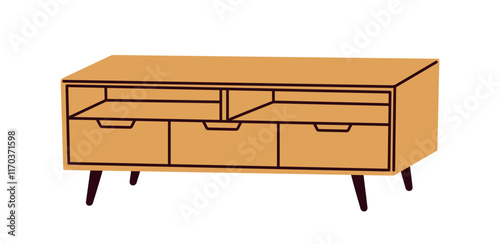 Wooden console table, TV stand, modern retro Scandinavian design. Wide horizo...