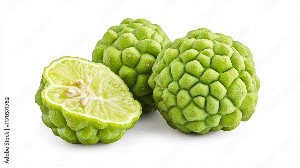Fototapeta premium Three vibrant green bergamot fruits with one cut in half, showcasing its juicy interior.