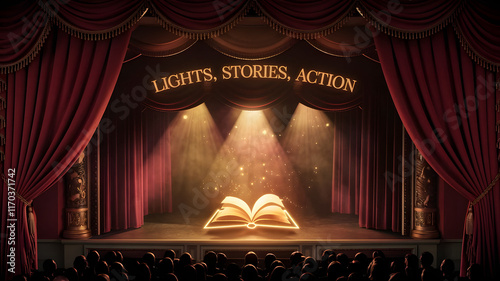 Theater stage with lights, book, and storytelling theme