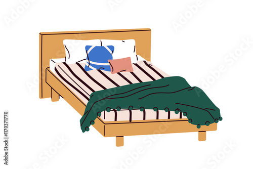 Wooden double bed with pillows, cushions and blanket. Comfortable wood furniture for sleeping, for home bedroom with sheet on mattress, duvet. Flat vector illustration isolated on white background