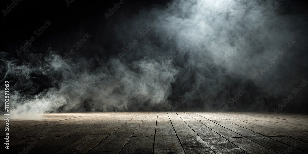 A dark background of an empty floor shrouded in billowing smoke A dark background of an empty floor shrouded in billowing smoke