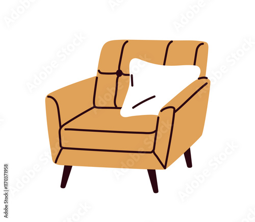 Armchair with cushion. Comfortable soft furniture for sitting in modern retro mid-century design. Cozy seat with upholstery, Scandinavian style. Flat vector illustration isolated on white background