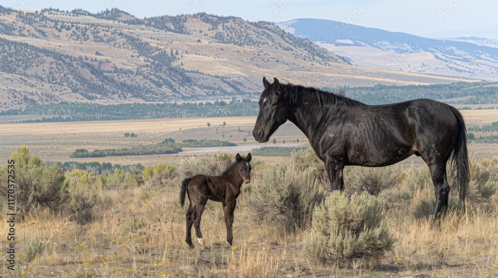 Obraz premium Wild Horses in Mountain Valley