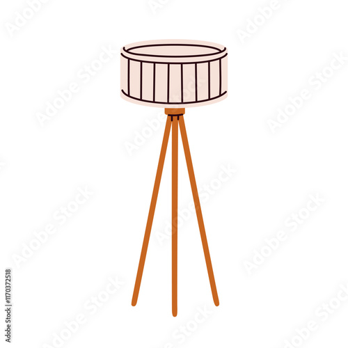 Floor lamp with shade. Lampshade on wooden tripod, wood legs. Light decoratio...