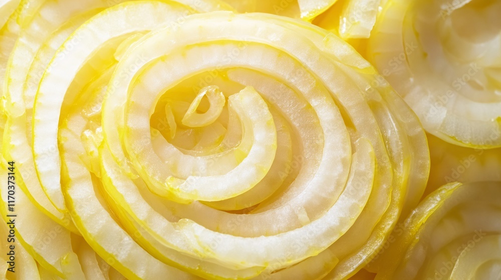 Close-up of spiral-cut yellow onions, showcasing their translucent layers and fresh texture. Close-up of spiral-cut yellow onions, showcasing their translucent layers and fresh texture.