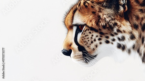 Close-up profile of a cheetah, showcasing its sleek fur and striking features against a minimalist white background. photo