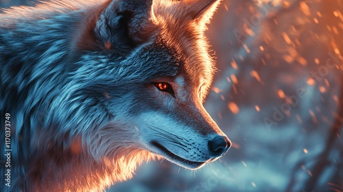 A close-up of a majestic wolf with striking orange eyes, set against a dramatic, glowing background. photo