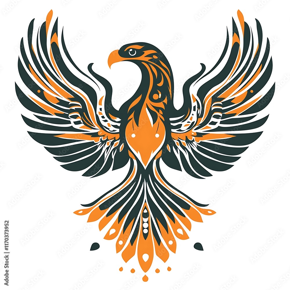 A stylized phoenix with intricate patterns in orange and black. A stylized phoenix with intricate patterns in orange and black.