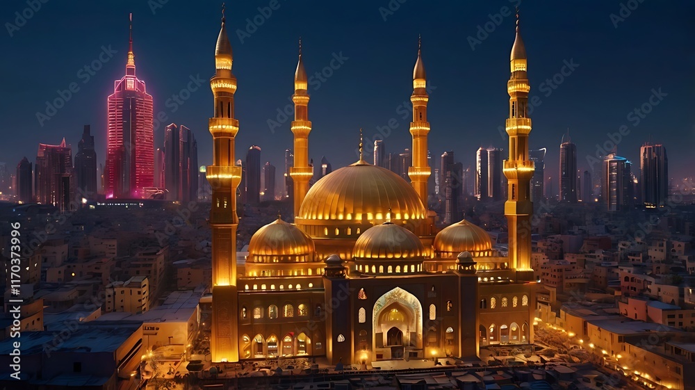 Fototapeta premium Illuminated Mosque at Night City Skyline Backdrop