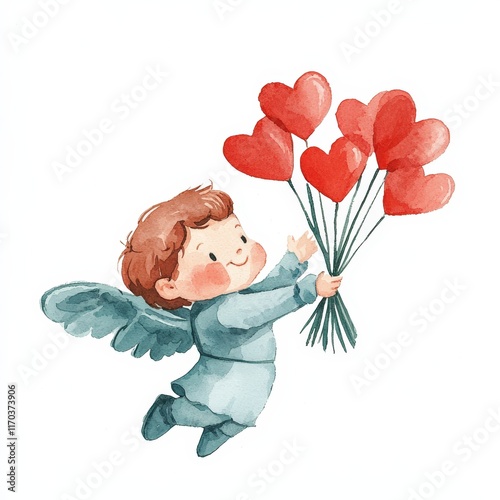 Charming cupid delivering heartfelt love romantic skies watercolor illustration clipart soft colors whimsical perspective valentine's day theme photo