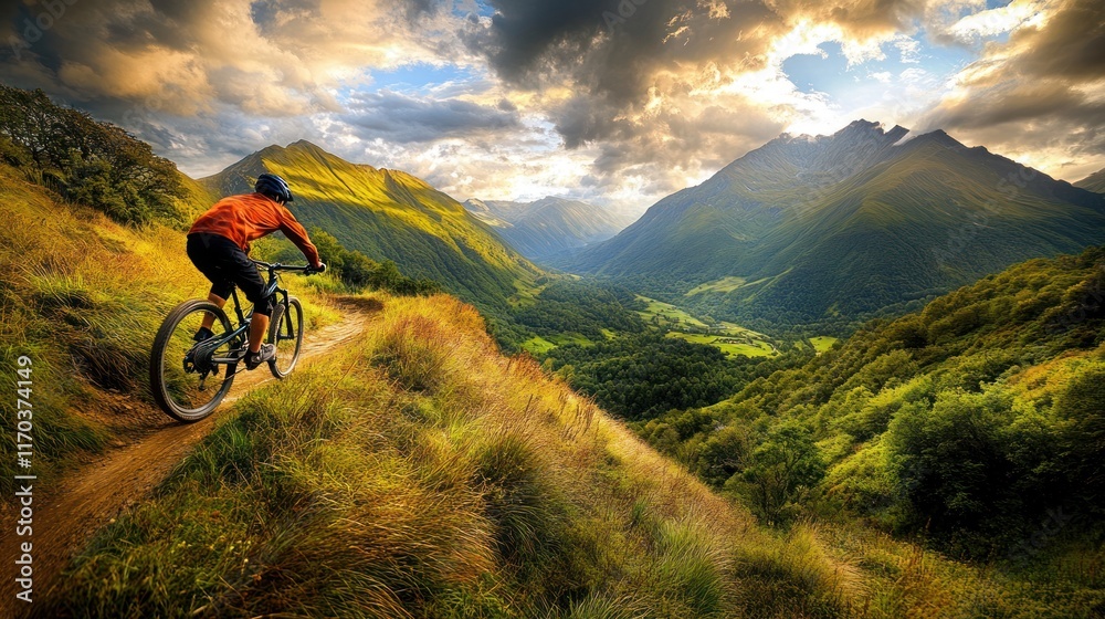 Fototapeta premium Epic Mountain Biking Adventure: A Cyclist's Journey Through Majestic Peaks and Verdant Valleys