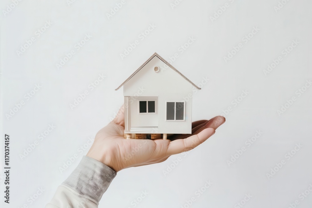 A person holding a small model house, symbolizing home ownership and real estate. A person holding a small model house, symbolizing home ownership and real estate.
