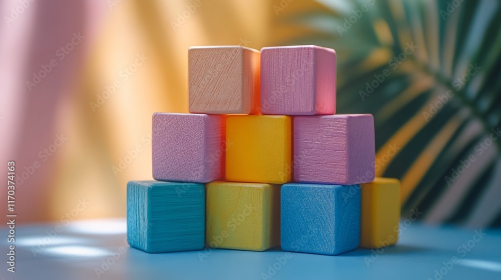 Pastel Colored Wooden Blocks Stacked in a Pyramid Shape Against a Soft Background Pastel Colored Wooden Blocks Stacked in a Pyramid Shape Against a Soft Background
