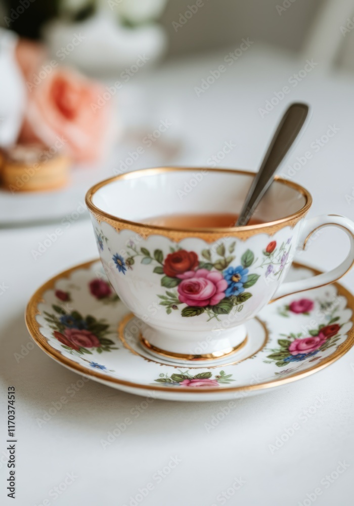 Elegant floral teacup with spoon and saucer featuring delicate rose design for tea time decor and relaxation Elegant floral teacup with spoon and saucer featuring delicate rose design for tea time decor and relaxation