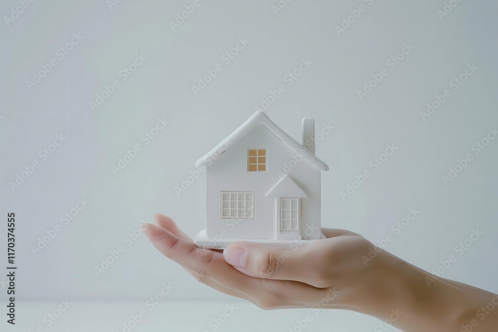 A person holding a small white house model, symbolizing home and security. A person holding a small white house model, symbolizing home and security.