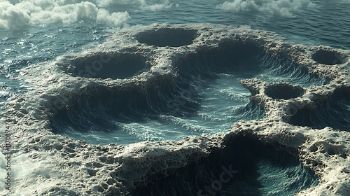 A surreal ocean scene with large, circular formations in the water, surrounded by waves. photo