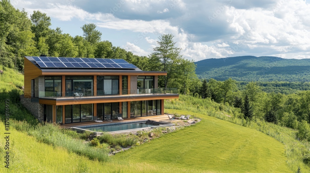 A sustainable modern residence with solar panels and a heat pump system, sitting amidst a scenic green landscape. A sustainable modern residence with solar panels and a heat pump system, sitting amidst a scenic green landscape.