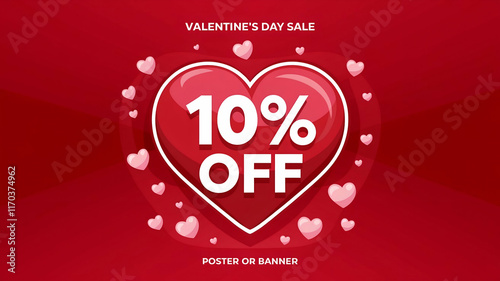 10 percent Off. Discount creative composition. 3d sale symbol with decorative objects, heart shaped balloons, golden confetti, podium and gift box. Sale banner and poster. Vector illustration.

