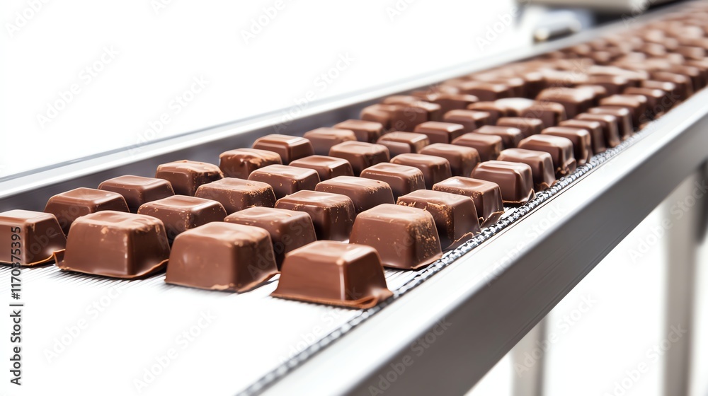 Chocolate pieces on a conveyor belt, white isolate background Chocolate pieces on a conveyor belt, white isolate background
