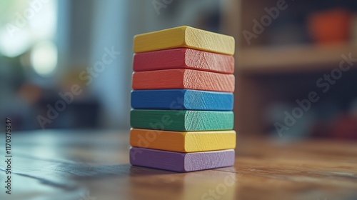 Stack of Colorful Wooden Blocks on a Table photo