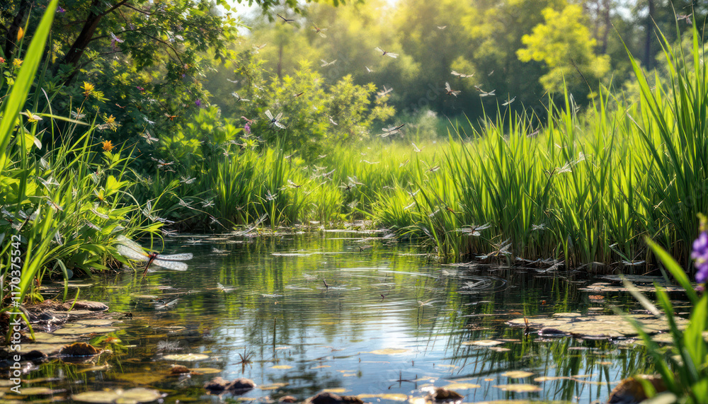 Obraz premium Dragonflies Dance Over Summer Stream